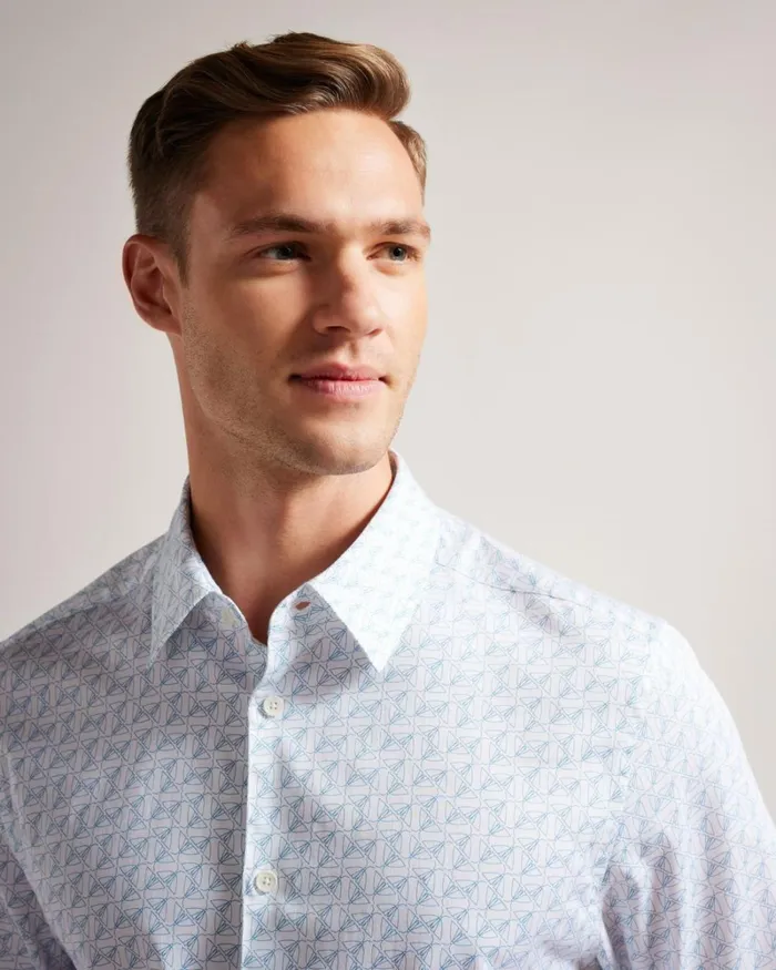 Short Sleeve Geometric Print Shirt White Men Ted Baker Clothing Short Sleeve Geometric Print Shirt White Men Ted Baker Clothing