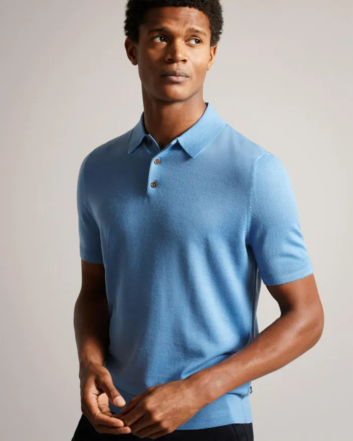 Short Sleeve Wool Polo Shirt Pale Blue Men Ted Baker Clothing Short Sleeve Wool Polo Shirt Pale Blue Men Ted Baker Clothing