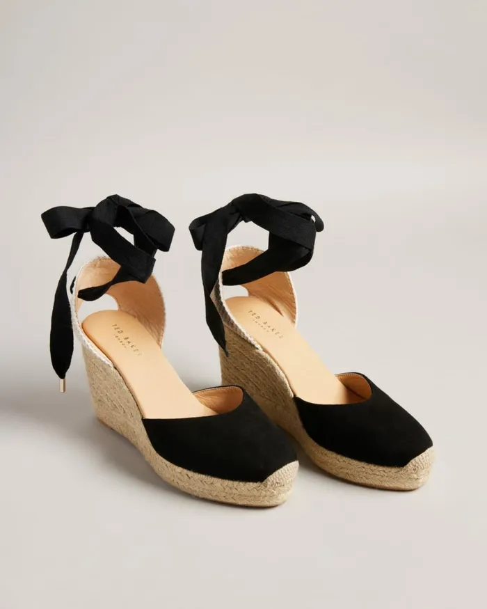 Suede Ribbon Tie Wedges Black Women Ted Baker Sandals and Sliders