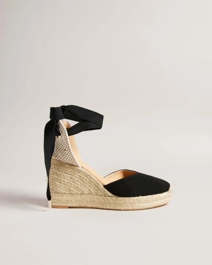 Suede Ribbon Tie Wedges Black Women Ted Baker Sandals and Sliders Suede Ribbon Tie Wedges Black Women Ted Baker Sandals and Sliders