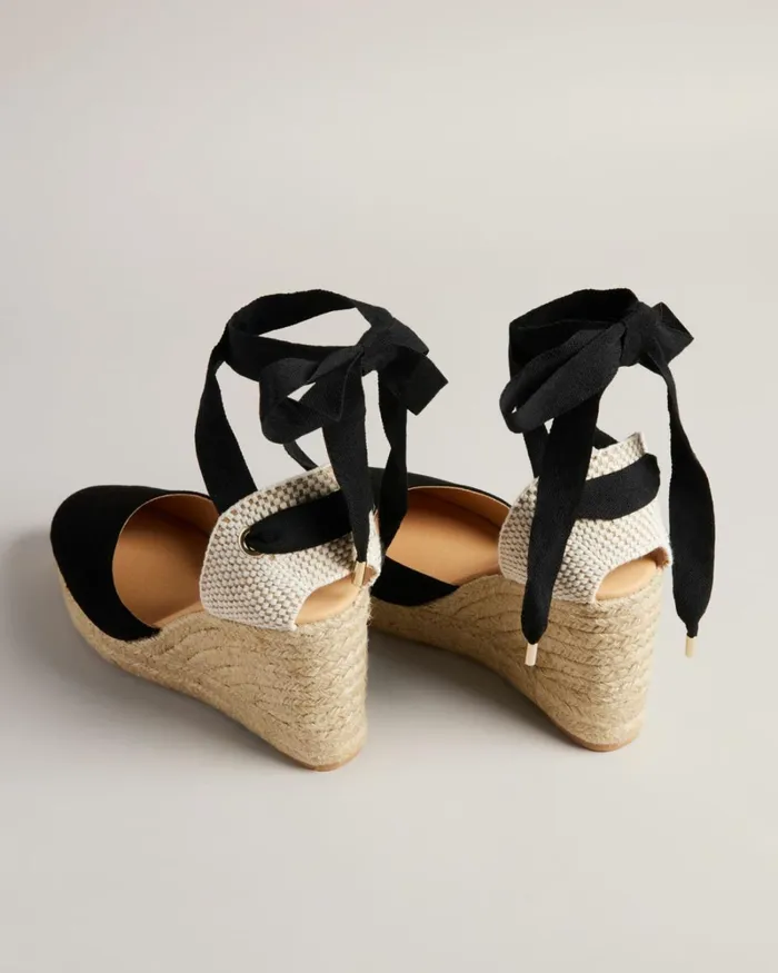 Suede Ribbon Tie Wedges Black Women Ted Baker Sandals and Sliders Suede Ribbon Tie Wedges Black Women Ted Baker Sandals and Sliders
