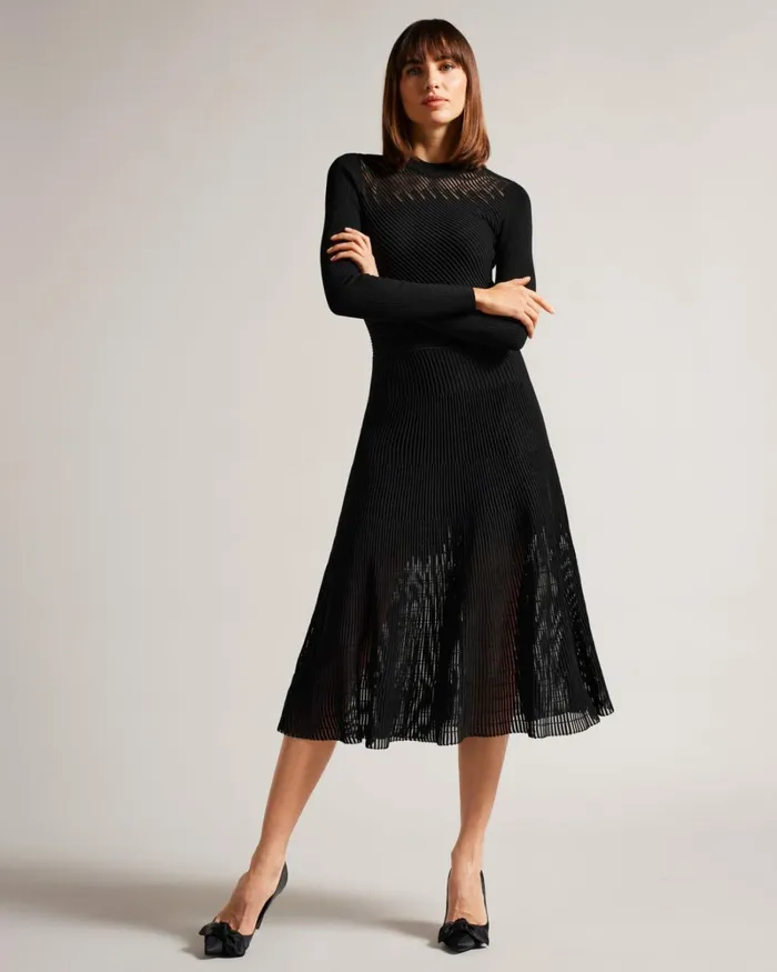 Textured ALine Midi Dress Black Women Ted Baker Clothing Textured ALine Midi Dress Black Women Ted Baker Clothing