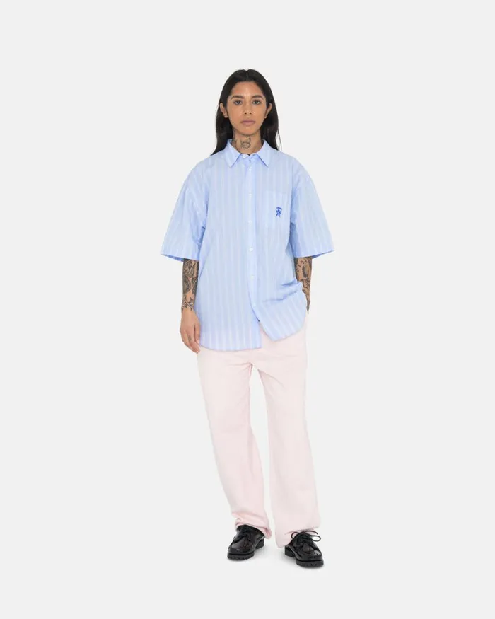 Tops and Shirts Men Stussy BOXY STRIPED SS SHIRT Lt Blue Stripe Tops and Shirts Men Stussy BOXY STRIPED SS SHIRT Lt Blue Stripe