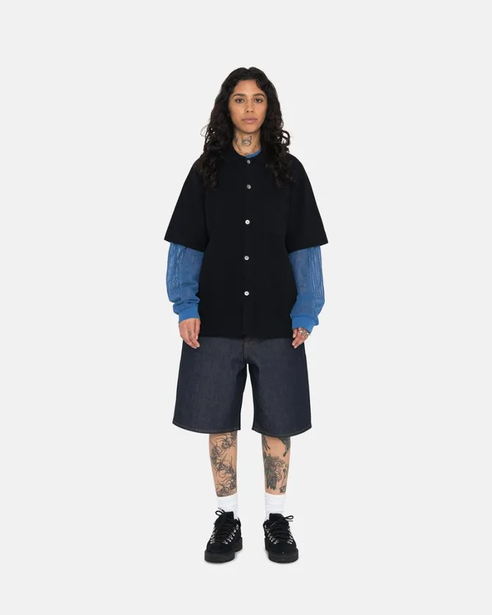 Tops and Shirts Men Stussy WRINKLY GINGHAM SS SHIRT Black Tops and Shirts Men Stussy WRINKLY GINGHAM SS SHIRT Black