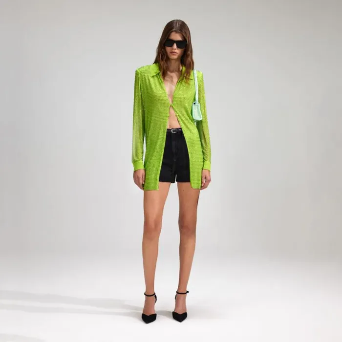 Tops Woman SelfPortrait Green Rhinestone Mesh Shirt