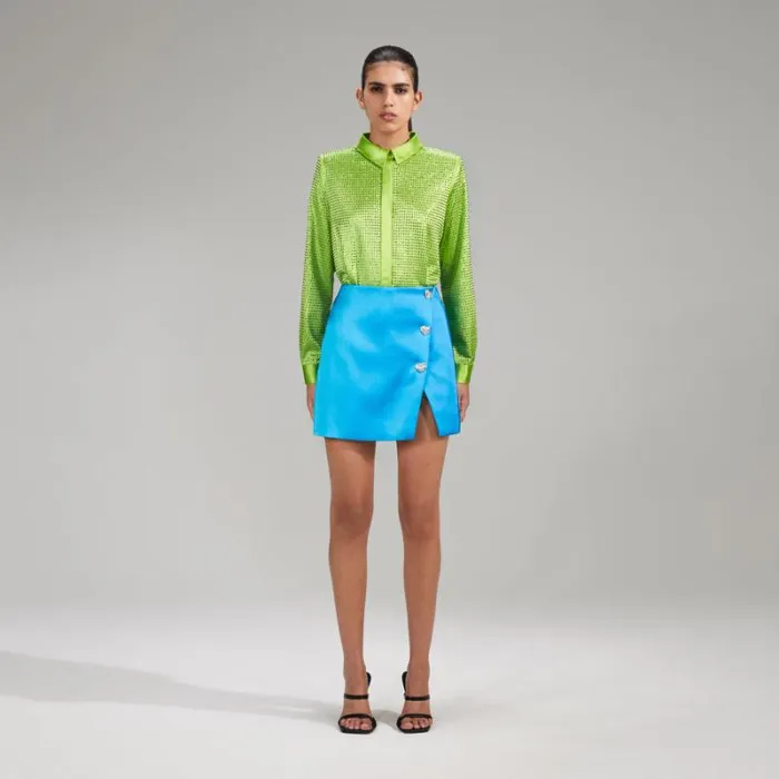 Tops Woman SelfPortrait Green Rhinestone Satin Shirt