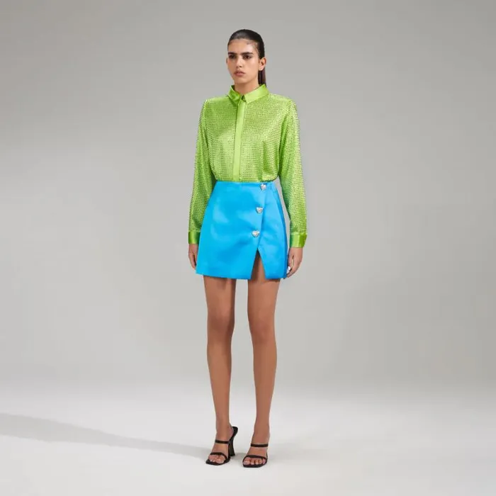 Tops Woman SelfPortrait Green Rhinestone Satin Shirt Tops Woman SelfPortrait Green Rhinestone Satin Shirt