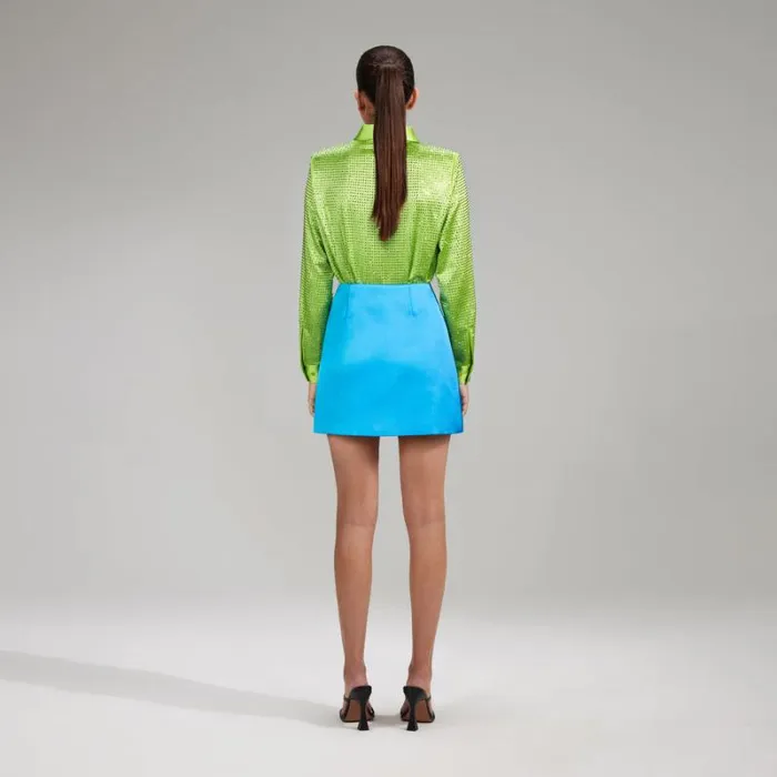 Tops Woman SelfPortrait Green Rhinestone Satin Shirt Tops Woman SelfPortrait Green Rhinestone Satin Shirt