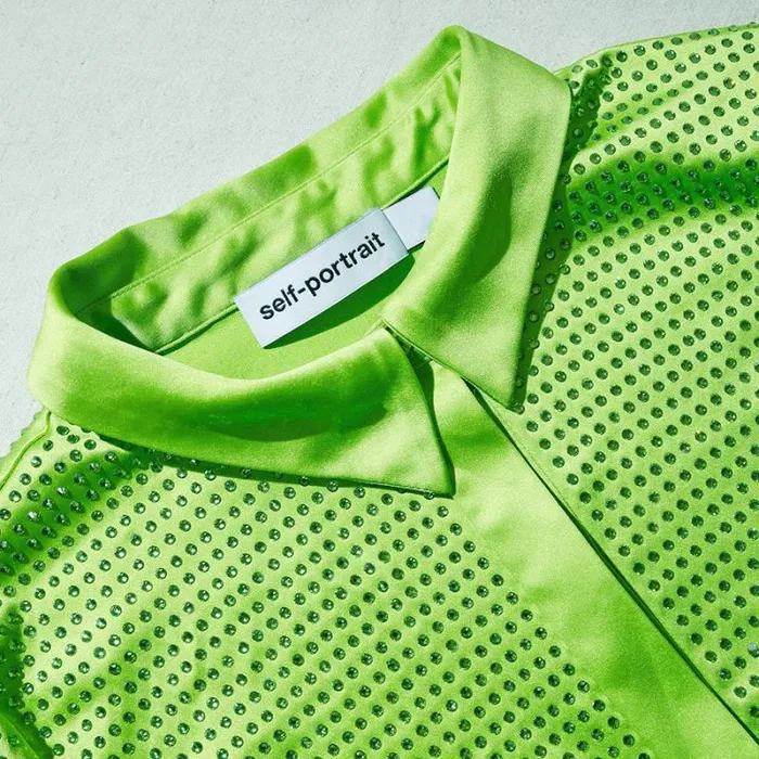 Tops Woman SelfPortrait Green Rhinestone Satin Shirt Tops Woman SelfPortrait Green Rhinestone Satin Shirt