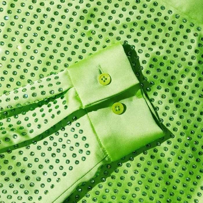 Tops Woman SelfPortrait Green Rhinestone Satin Shirt Tops Woman SelfPortrait Green Rhinestone Satin Shirt