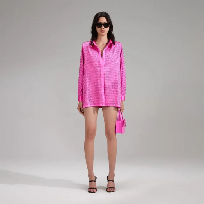 Tops Woman SelfPortrait Pink Rhinestone Satin Shirt