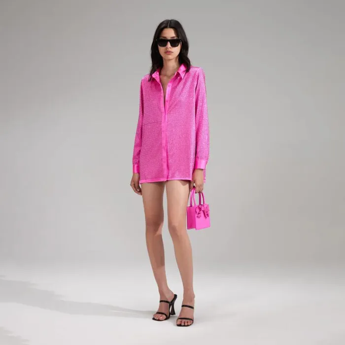 Tops Woman SelfPortrait Pink Rhinestone Satin Shirt Tops Woman SelfPortrait Pink Rhinestone Satin Shirt