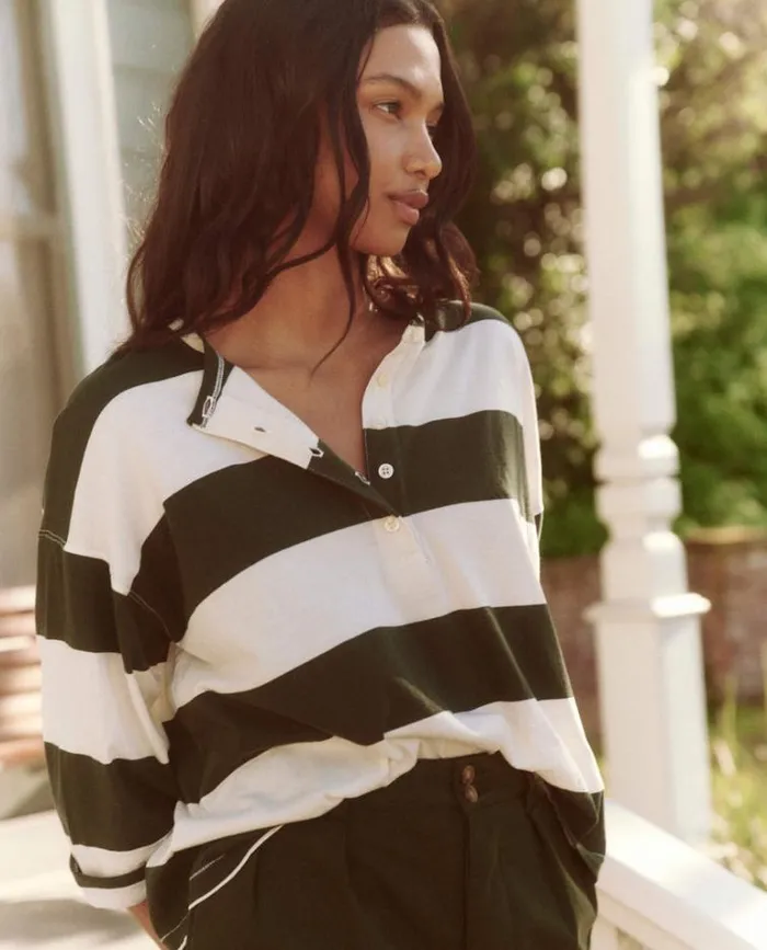 Tops Women039s The Great The Shrunken Henley Dark Cypress Stripe