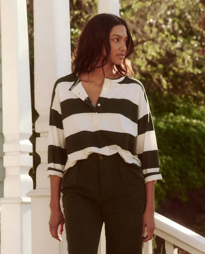 Tops Women039s The Great The Shrunken Henley Dark Cypress Stripe