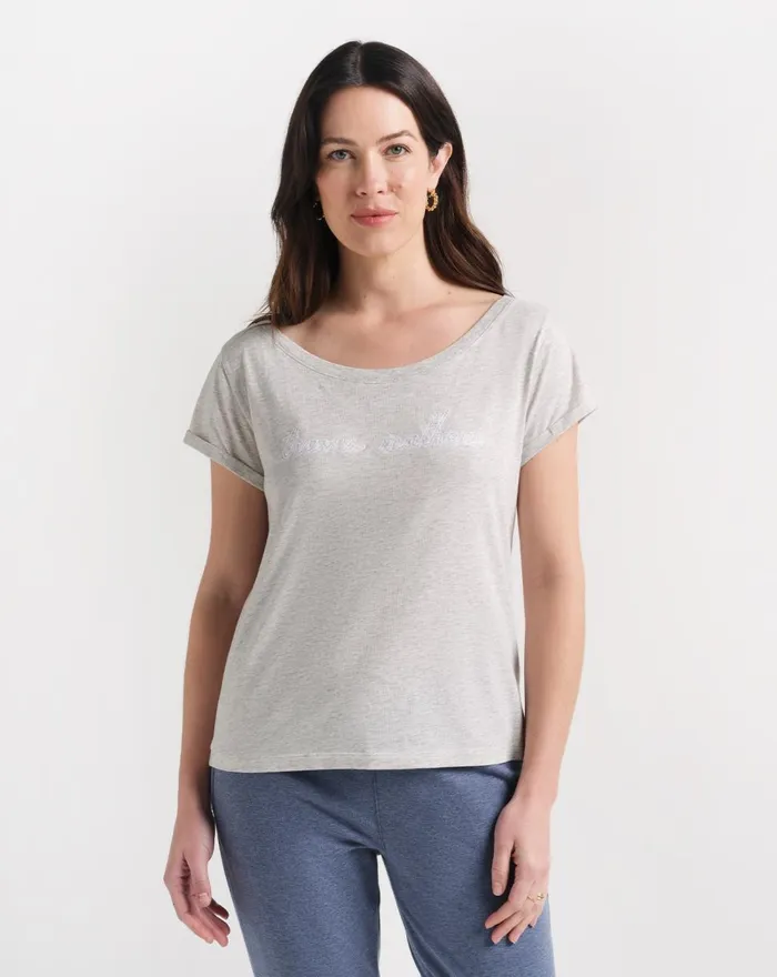 Women All Tops TravisMathew GIRL TALK TM EMBROIDERED TEE Heather Light Grey