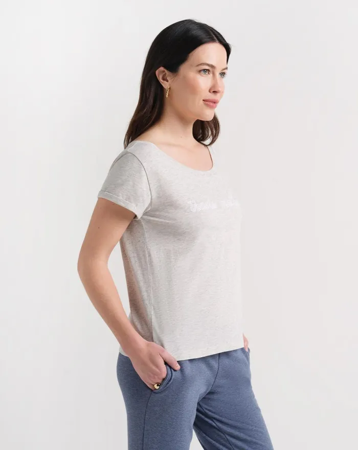 Women All Tops TravisMathew GIRL TALK TM EMBROIDERED TEE Heather Light Grey