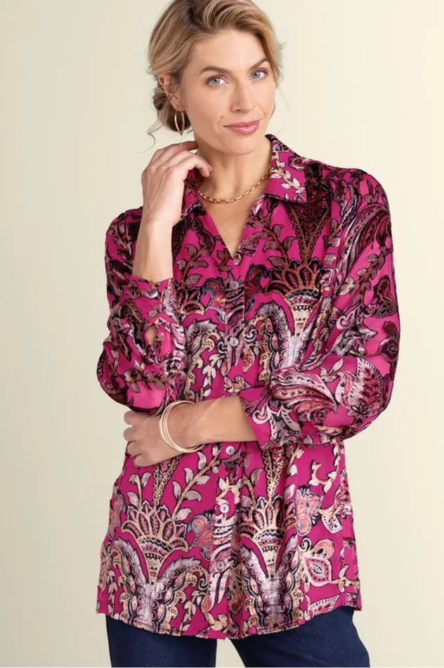 Women Bellarosa Velvet Tunic Pink Scarf Burnout Soft Surroundings Tops