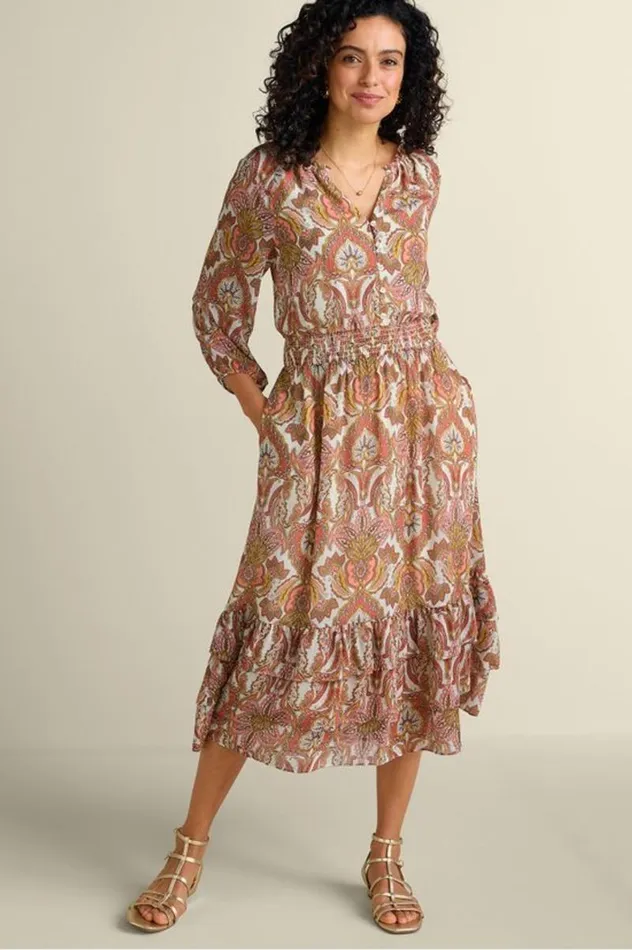 Women Betsey Midi Dress Global Scarf Cream Coral Soft Surroundings Dresses