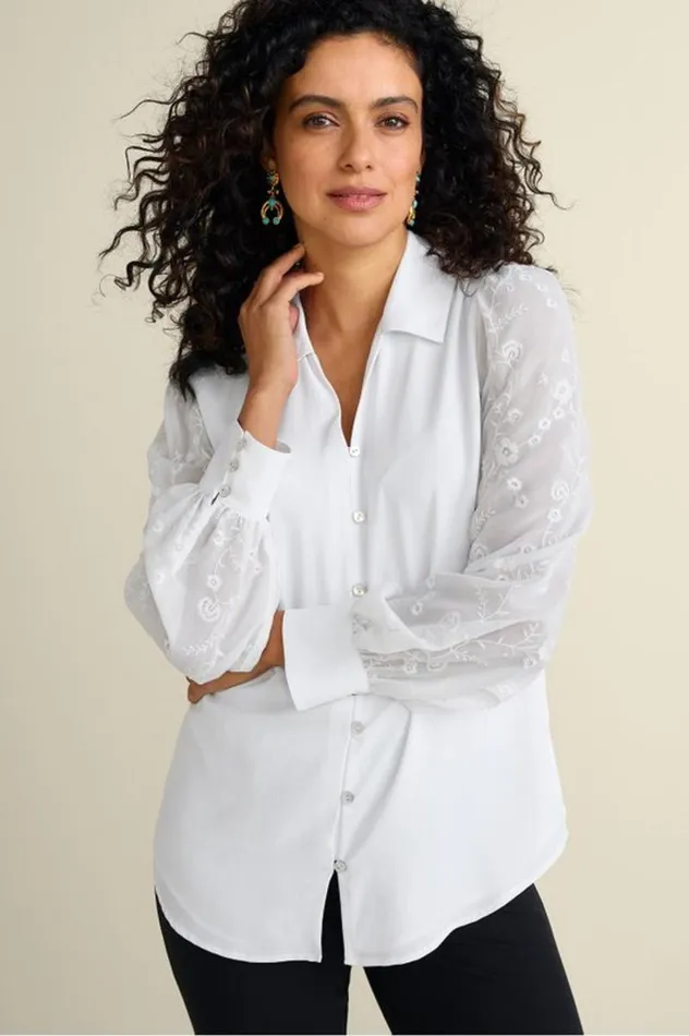 Women Calathea Embroidered Sleeve Shirt White Soft Surroundings Tops
