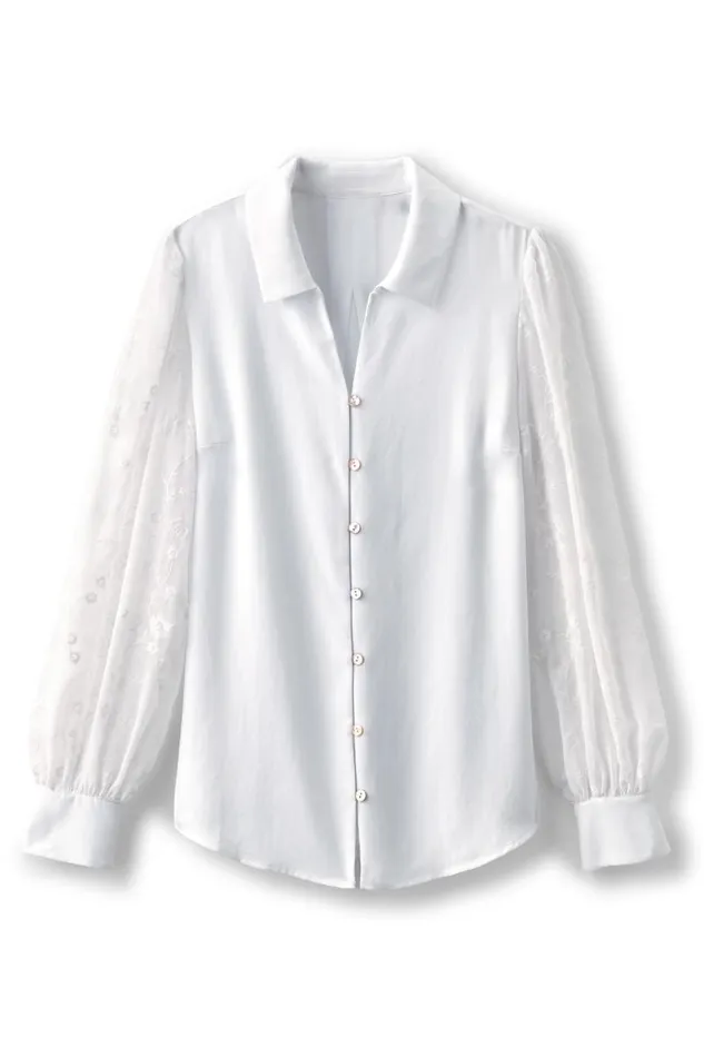 Women Calathea Embroidered Sleeve Shirt White Soft Surroundings Tops Women Calathea Embroidered Sleeve Shirt White Soft Surroundings Tops