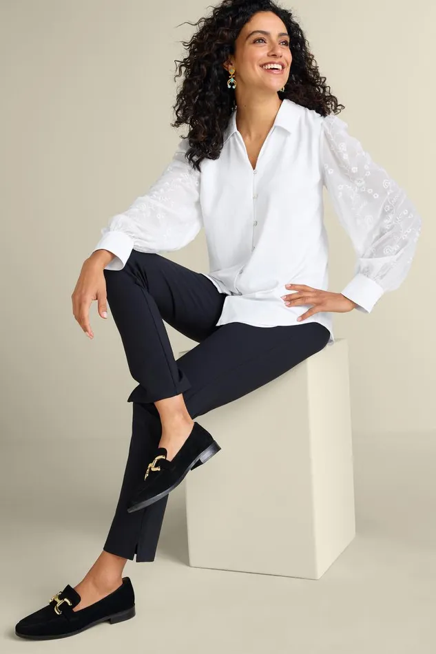 Women Calathea Embroidered Sleeve Shirt White Soft Surroundings Tops Women Calathea Embroidered Sleeve Shirt White Soft Surroundings Tops