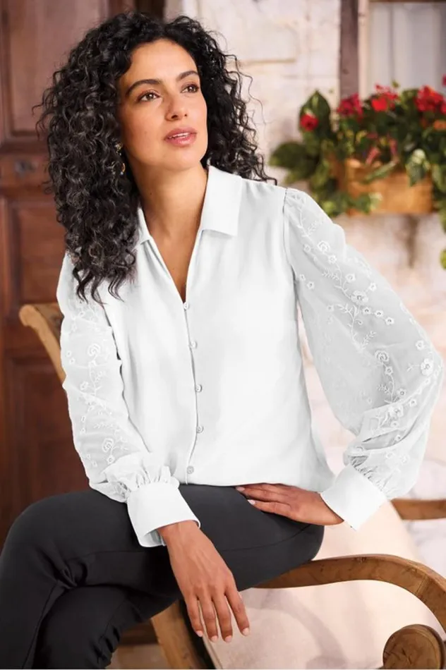 Women Calathea Embroidered Sleeve Shirt White Soft Surroundings Tops Women Calathea Embroidered Sleeve Shirt White Soft Surroundings Tops