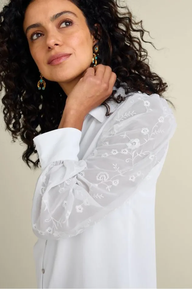 Women Calathea Embroidered Sleeve Shirt White Soft Surroundings Tops Women Calathea Embroidered Sleeve Shirt White Soft Surroundings Tops