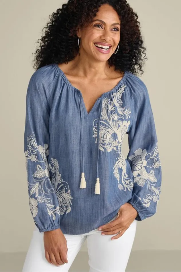 Women Diya Embroidered Tencel Peasant Top Medium Wash Soft Surroundings Tops Women Diya Embroidered Tencel Peasant Top Medium Wash Soft Surroundings Tops