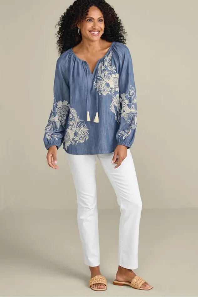 Women Diya Embroidered Tencel Peasant Top Medium Wash Soft Surroundings Tops Women Diya Embroidered Tencel Peasant Top Medium Wash Soft Surroundings Tops