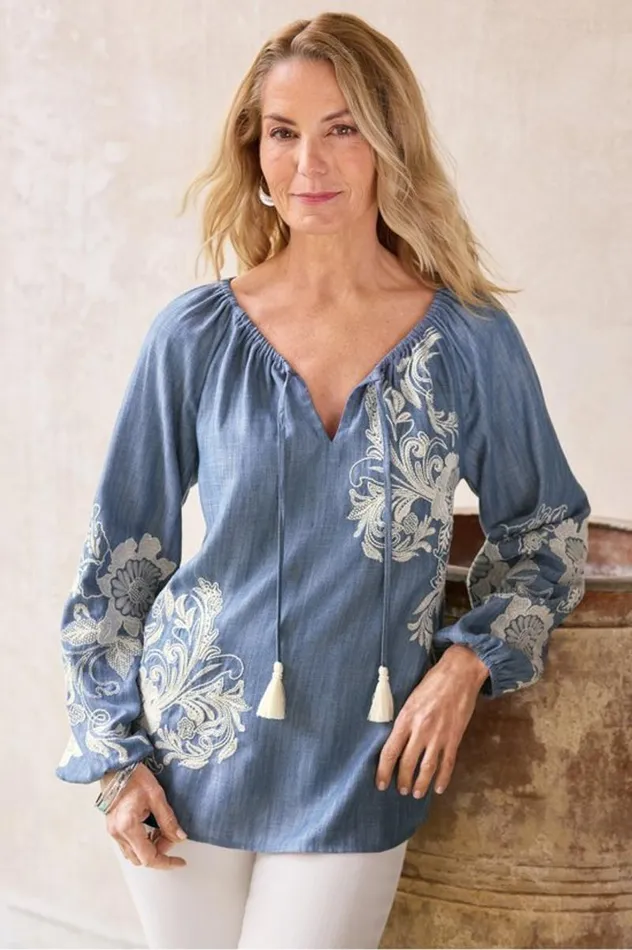 Women Diya Embroidered Tencel Peasant Top Medium Wash Soft Surroundings Tops Women Diya Embroidered Tencel Peasant Top Medium Wash Soft Surroundings Tops