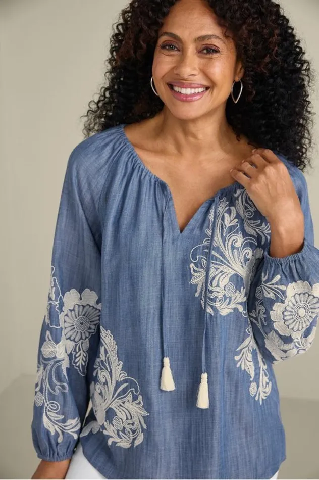 Women Diya Embroidered Tencel Peasant Top Medium Wash Soft Surroundings Tops Women Diya Embroidered Tencel Peasant Top Medium Wash Soft Surroundings Tops