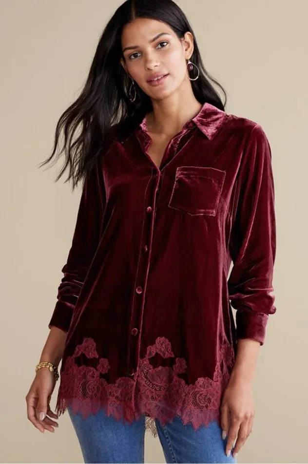 Women Eden Velvet And Lace Shirt Cabernet Soft Surroundings Tops