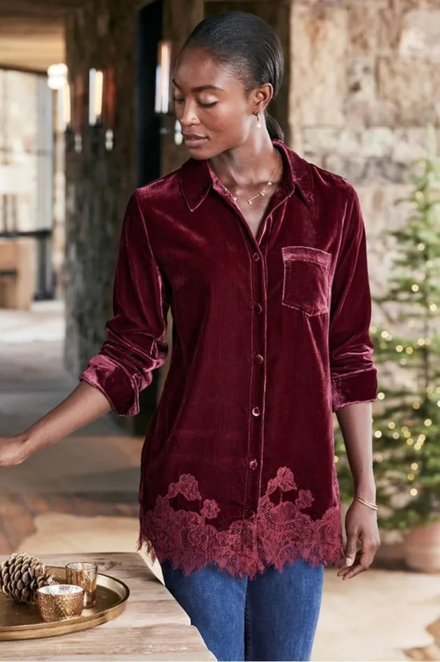 Women Eden Velvet And Lace Shirt Cabernet Soft Surroundings Tops Women Eden Velvet And Lace Shirt Cabernet Soft Surroundings Tops