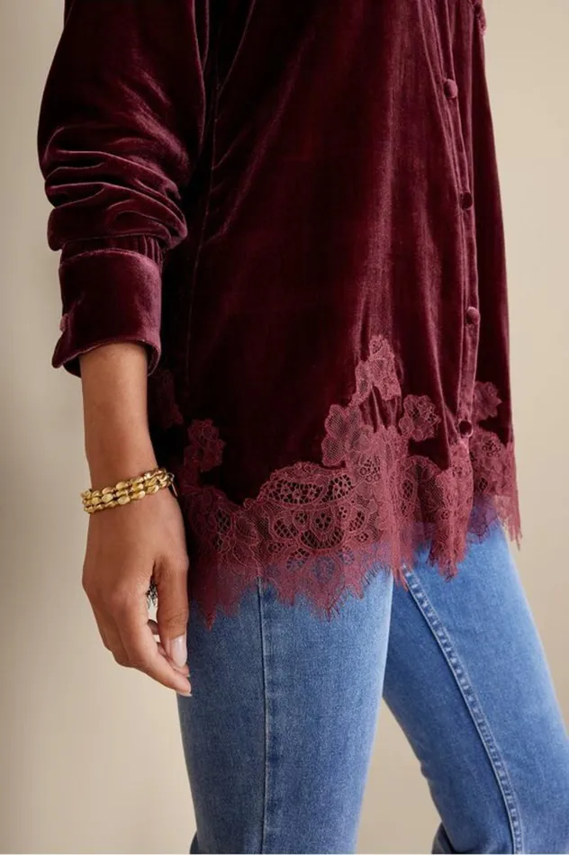 Women Eden Velvet And Lace Shirt Cabernet Soft Surroundings Tops Women Eden Velvet And Lace Shirt Cabernet Soft Surroundings Tops
