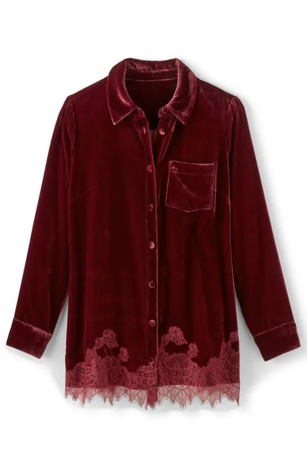 Women Eden Velvet And Lace Shirt Cabernet Soft Surroundings Tops Women Eden Velvet And Lace Shirt Cabernet Soft Surroundings Tops