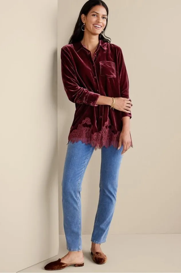 Women Eden Velvet And Lace Shirt Cabernet Soft Surroundings Tops Women Eden Velvet And Lace Shirt Cabernet Soft Surroundings Tops