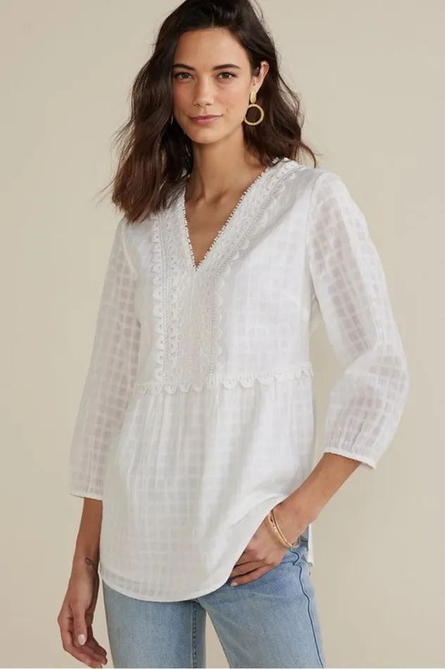 Women Elodie Windowpane Gauze Top Navy Soft Surroundings Tops