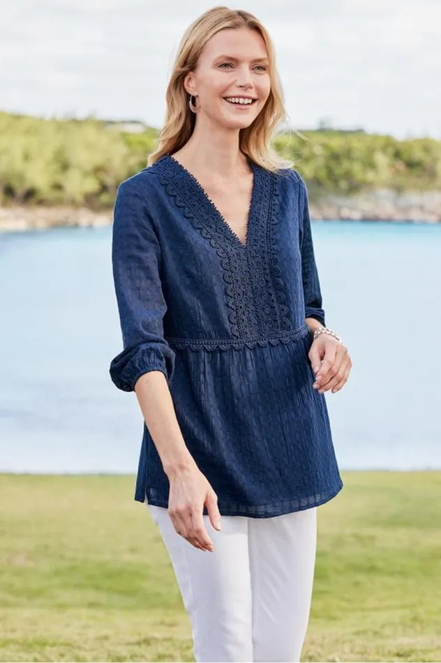 Women Elodie Windowpane Gauze Top Navy Soft Surroundings Tops Women Elodie Windowpane Gauze Top Navy Soft Surroundings Tops