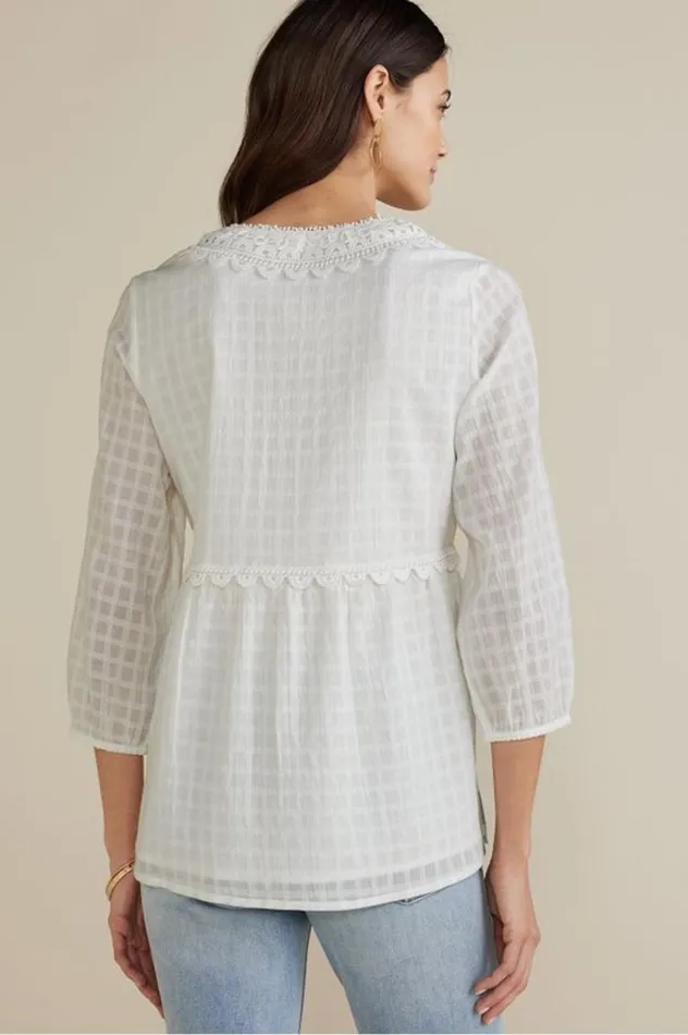 Women Elodie Windowpane Gauze Top Navy Soft Surroundings Tops Women Elodie Windowpane Gauze Top Navy Soft Surroundings Tops
