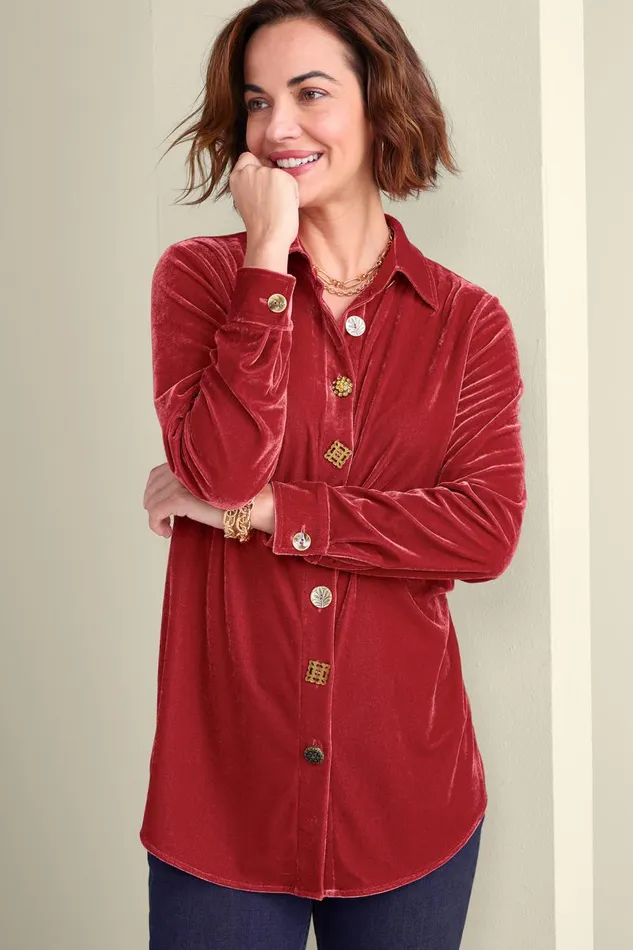 Women Filigree Velvet Boyfriend Shirt Cinnamon Soft Surroundings Tops