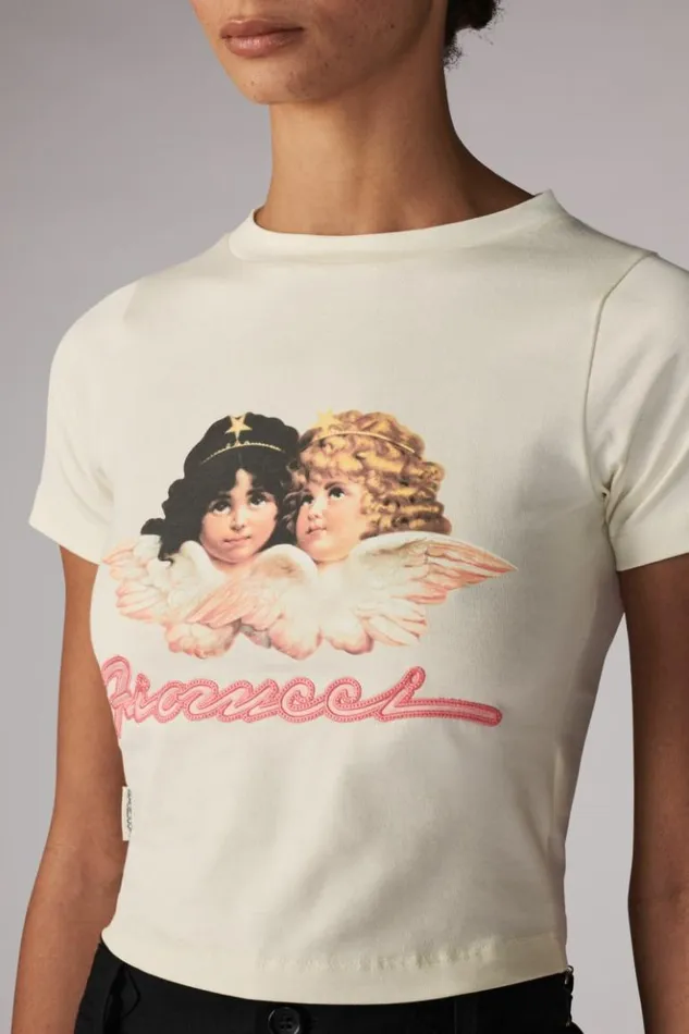 Women Fiorucci Angels Squiggle Logo Baby TShirt Cream Cream Women Fiorucci Angels Squiggle Logo Baby TShirt Cream Cream