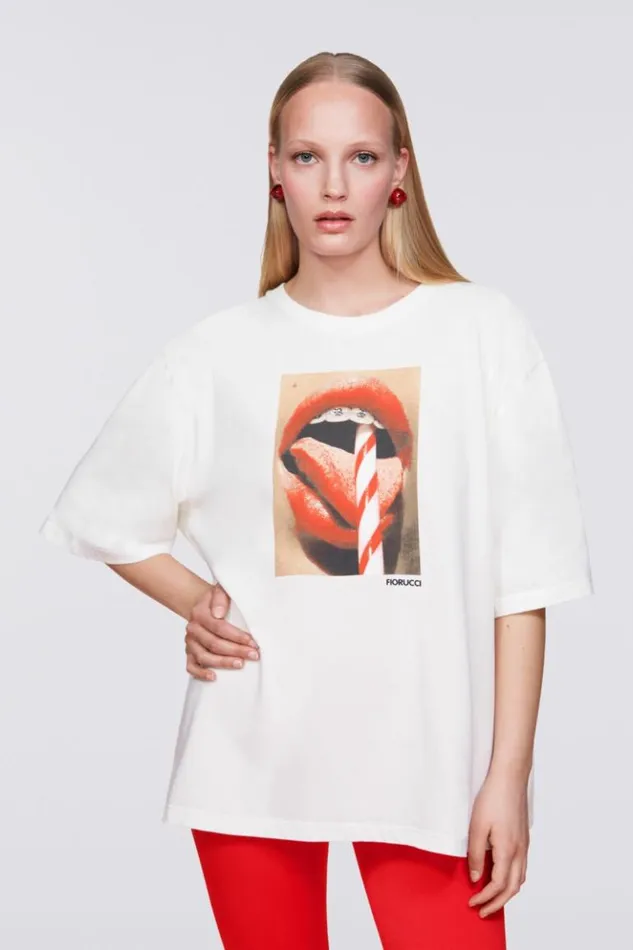 Women Fiorucci Mouth Graphic TShirt White White Women Fiorucci Mouth Graphic TShirt White White