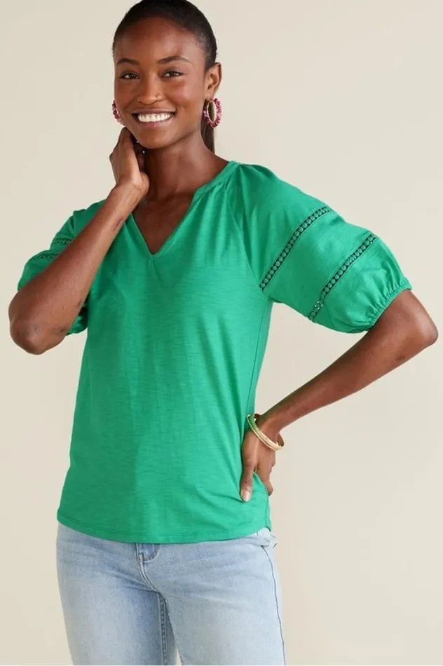 Women Heidi Supima Puff Sleeve Tee Holly Green Soft Surroundings Tops