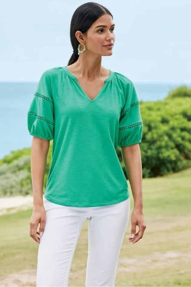 Women Heidi Supima Puff Sleeve Tee Holly Green Soft Surroundings Tops Women Heidi Supima Puff Sleeve Tee Holly Green Soft Surroundings Tops