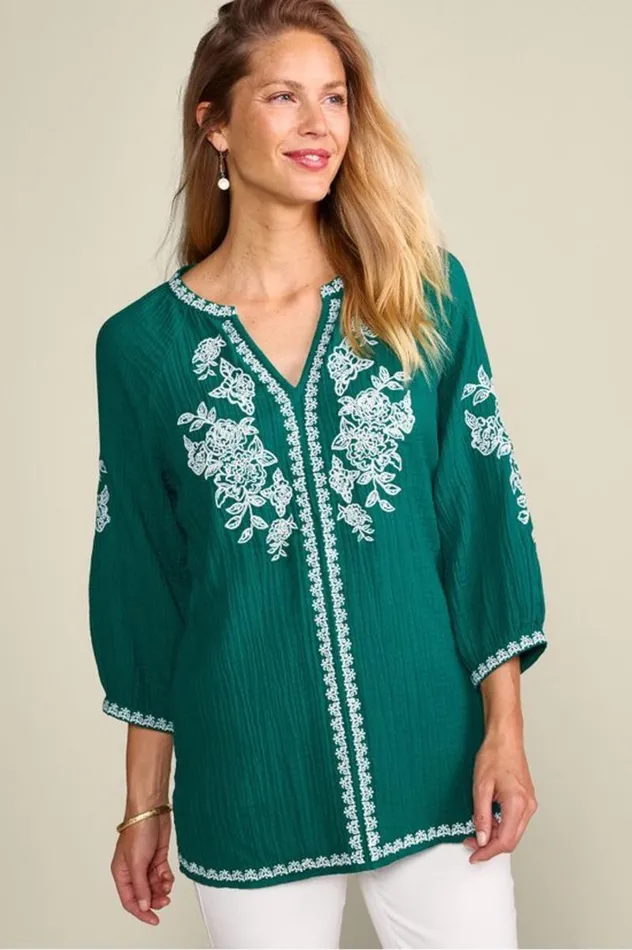 Women Katie Gauze Tunic Teal Green Soft Surroundings Tops