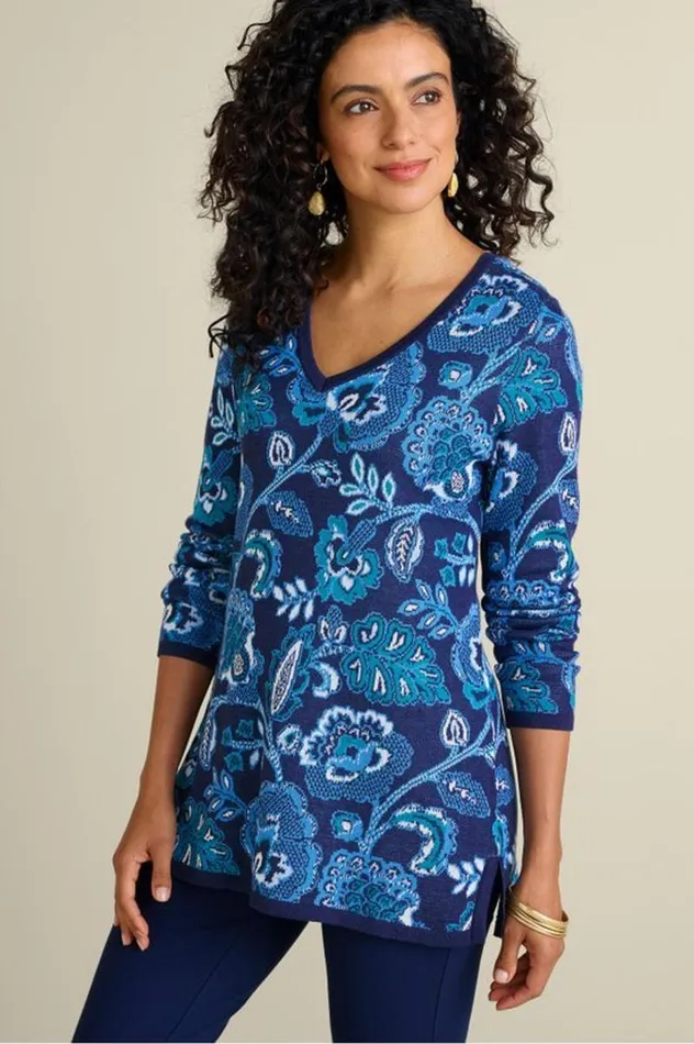 Women Leonor Jacquard Tunic Sweater Fall Garden Blue Soft Surroundings Tops Women Leonor Jacquard Tunic Sweater Fall Garden Blue Soft Surroundings Tops