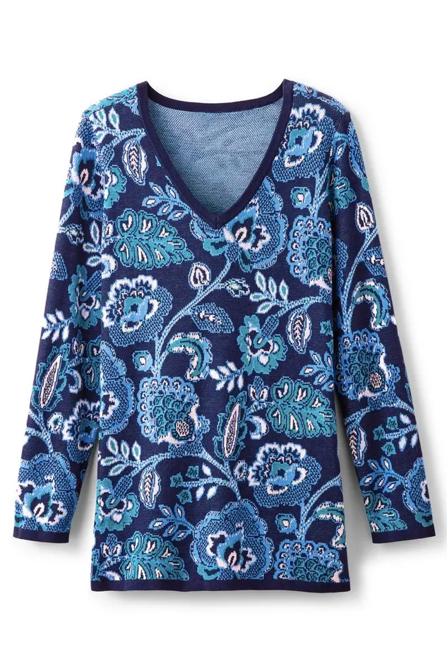 Women Leonor Jacquard Tunic Sweater Fall Garden Blue Soft Surroundings Tops Women Leonor Jacquard Tunic Sweater Fall Garden Blue Soft Surroundings Tops