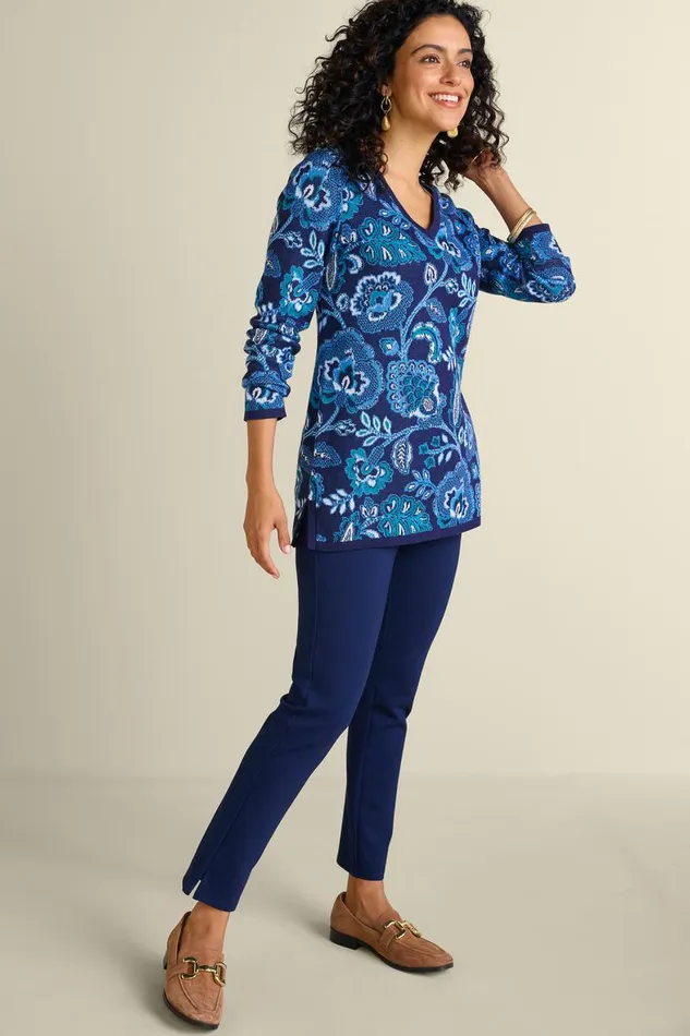 Women Leonor Jacquard Tunic Sweater Fall Garden Blue Soft Surroundings Tops Women Leonor Jacquard Tunic Sweater Fall Garden Blue Soft Surroundings Tops