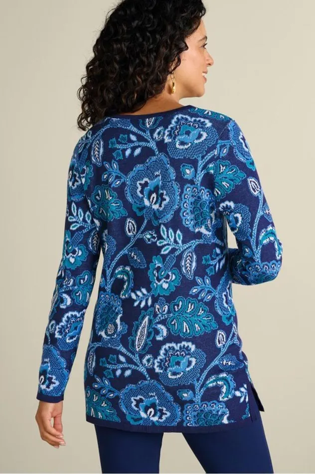 Women Leonor Jacquard Tunic Sweater Fall Garden Blue Soft Surroundings Tops Women Leonor Jacquard Tunic Sweater Fall Garden Blue Soft Surroundings Tops