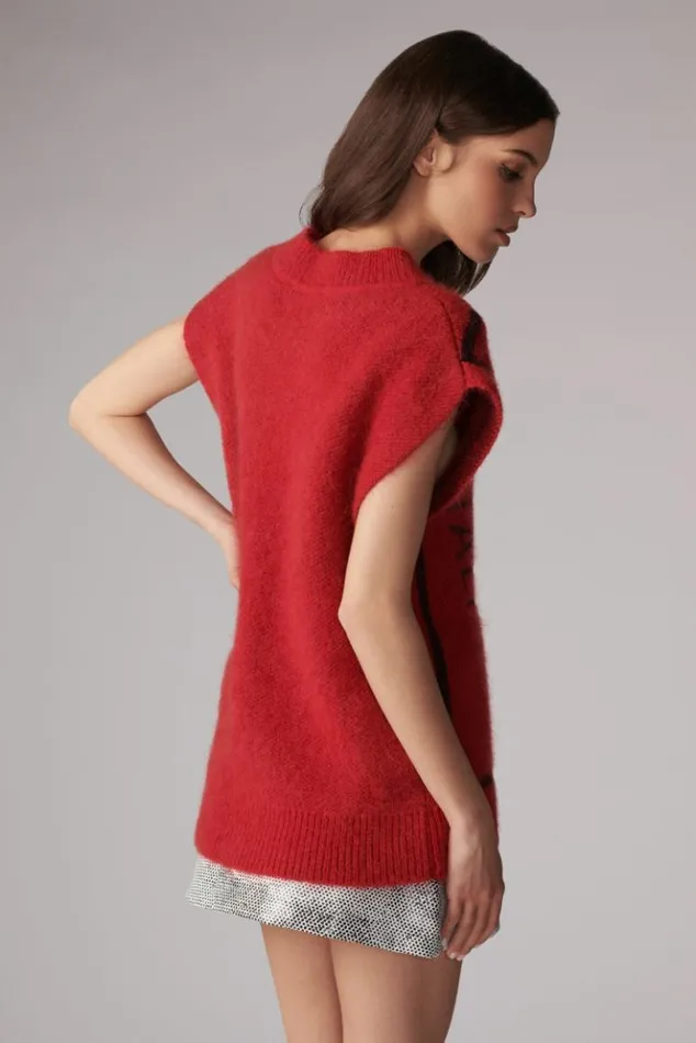 WomenMen Fiorucci Unisex Safety Jeans Knit Jumper Vest Red Red WomenMen Fiorucci Unisex Safety Jeans Knit Jumper Vest Red Red